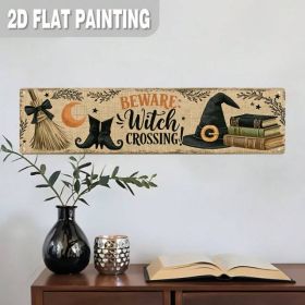 Beware Witch Crossing Metal Sign 2D Flat, Rustic Halloween Entryway Decor