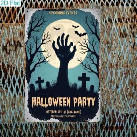 Halloween Metal Wall Art Sign 2D Flat, Spooky Zombie Tombstone Decor 8x12