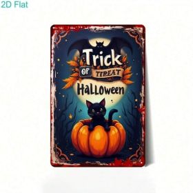 Halloween Black Cat Pumpkin Metal Tin Sign, Retro Vintage Trick Or Treat 8x12