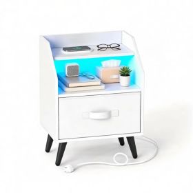 LED Nightstand with Charging Station, 16 Color RGB Remote Controlled Bedside Table with 2 AC Outlets USB Type-C Port, Foldable Fabric Drawer Anti