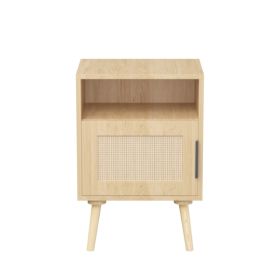 22.83'' H Rattan Nightstand, Side Table with Door Open Shelf, Accent Bedside End Table with Solid Wood Legs for Bedroom, Dorm and Small Spaces, O
