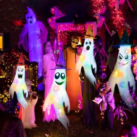 Halloween Hanging Decoration Set - 4 Ghost Windsocks, 4 Witch Hats & 4 Colorful LED String Lights (Batteries Included) - 43.3" Large Reusable Oxf