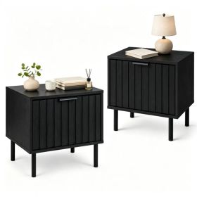 Black Fluted Drawer Nightstand Set of 2, Engineered Wood Metal Side End Table with Adjustable Foot Pads, Modern Storage Bedside Table for Small B