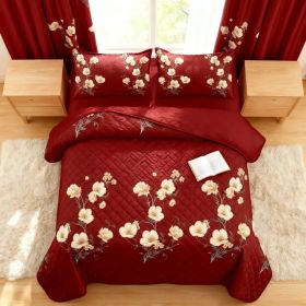 9-Piece Burgundy Red Floral Bedding & Curtain Combo Set, Elegant Wine Red Quilted Bedspread with 6 Light Filtering Window Panels & 2 Shams, Easy Care (Option: Burgundy Red with Elegant White Floral B-CAL KING)