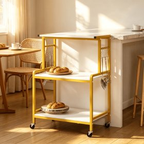 3-Tier Rolling Microwave Cart Kitchen Storage Organizer with Power Outlet Lockable Wheels And 10 Hooks for Kitchen (Color: White & Gold)