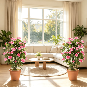 Set of 2 Artificial Rose Tree Blooming Flowers Green Leaves Indoor Decor Fake Rose Bushes for Home Decor (Color: Pink & Green & Black)