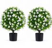 2 Pack Artificial Eucalyptus Topiary Trees with Cement Planter for Home Decor Evergreen Faux Eucalyptus Plants with Blooming Flowers