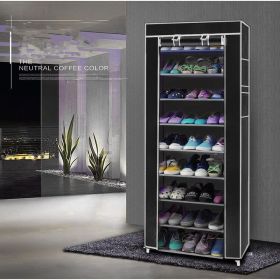 Room-saving 10-Layers 9 Lattices Non-woven Fabric Shoe Rack Black (Color: Black)